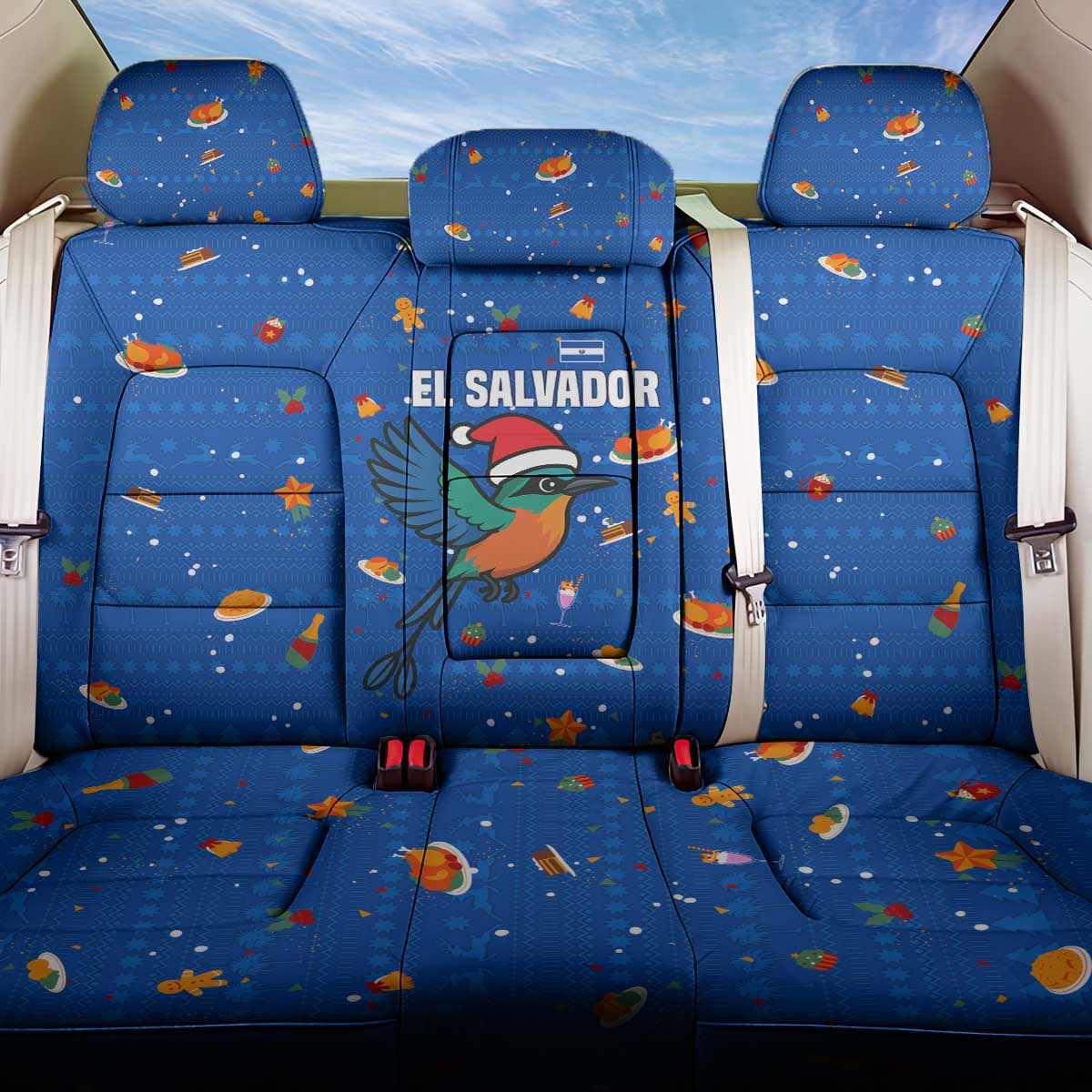 El Salvador Christmas Back Car Seat Cover with Santa Hat Motmot Bird Traditional Foods and Blue Festive Pattern Design - Wonder Print Shop
