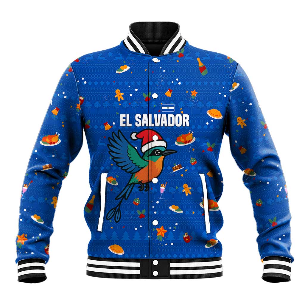 El Salvador Christmas Baseball Jacket with Santa Hat Motmot Bird Traditional Foods and Blue Festive Pattern Design - Wonder Print Shop