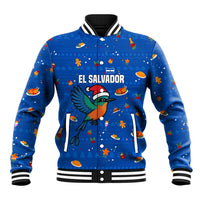 El Salvador Christmas Baseball Jacket with Santa Hat Motmot Bird Traditional Foods and Blue Festive Pattern Design - Wonder Print Shop