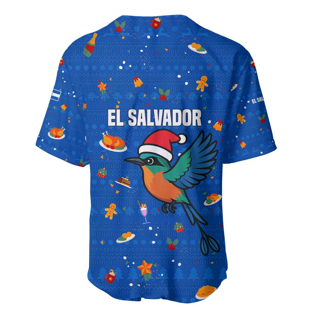 El Salvador Christmas Baseball Jersey with Santa Hat Motmot Bird Traditional Foods and Blue Festive Pattern Design - Wonder Print Shop