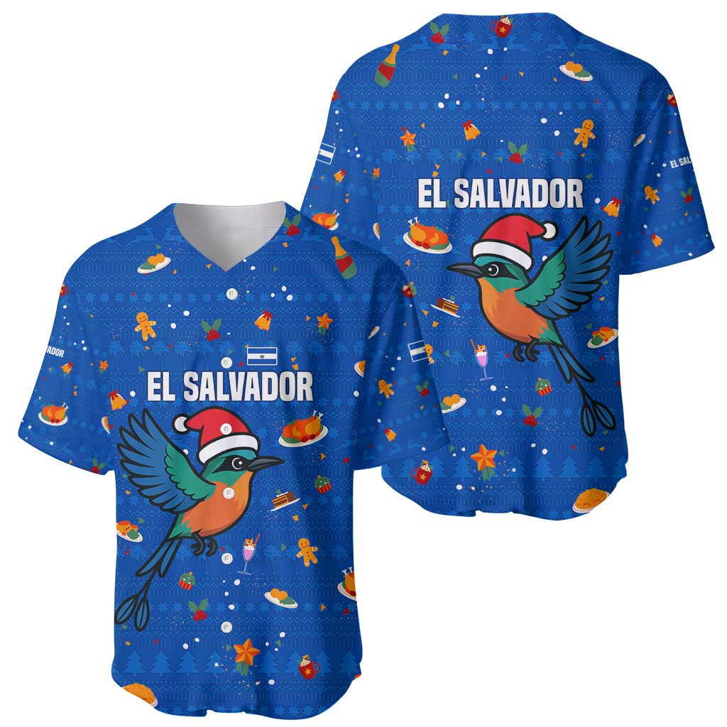 El Salvador Christmas Baseball Jersey with Santa Hat Motmot Bird Traditional Foods and Blue Festive Pattern Design - Wonder Print Shop