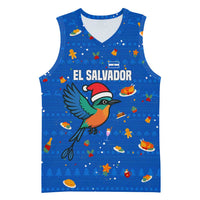 El Salvador Christmas Basketball Jersey with Santa Hat Motmot Bird Traditional Foods and Blue Festive Pattern Design - Wonder Print Shop