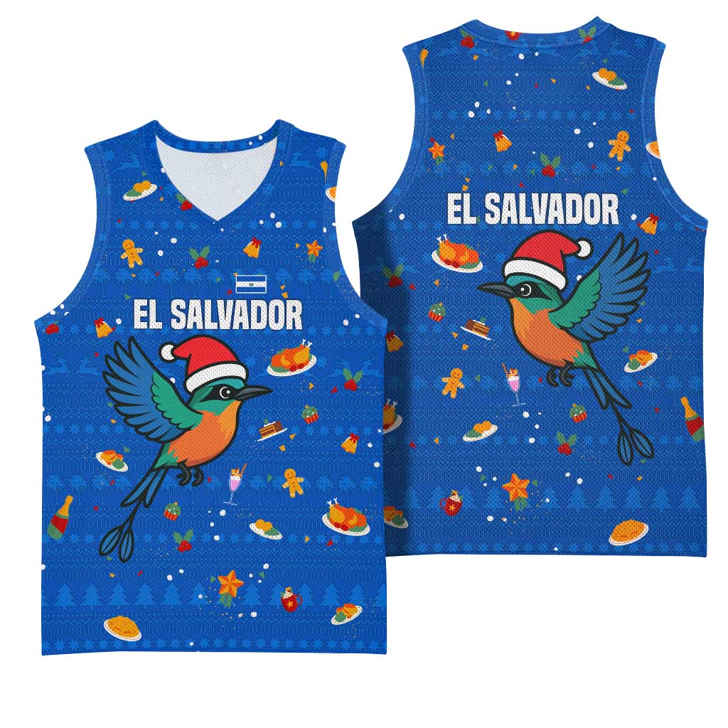 El Salvador Christmas Basketball Jersey with Santa Hat Motmot Bird Traditional Foods and Blue Festive Pattern Design - Wonder Print Shop