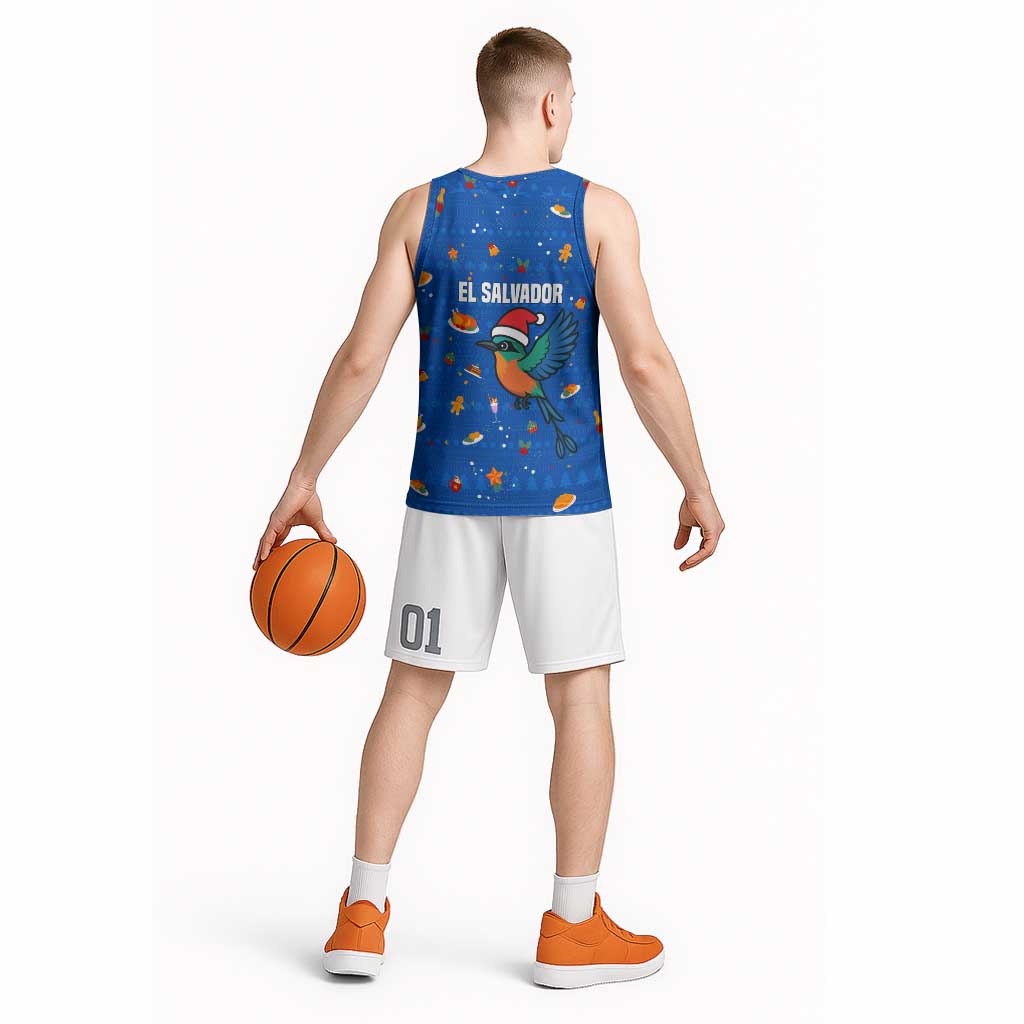 El Salvador Christmas Basketball Jersey with Santa Hat Motmot Bird Traditional Foods and Blue Festive Pattern Design - Wonder Print Shop