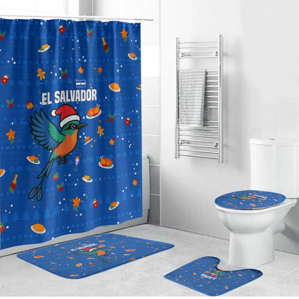 El Salvador Christmas Bathroom Set with Santa Hat Motmot Bird Traditional Foods and Blue Festive Pattern Design - Wonder Print Shop