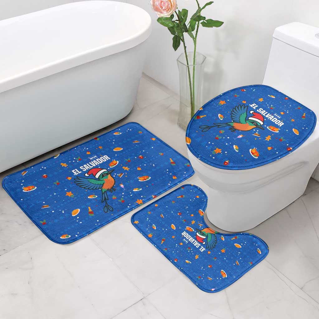 El Salvador Christmas Bathroom Set with Santa Hat Motmot Bird Traditional Foods and Blue Festive Pattern Design - Wonder Print Shop
