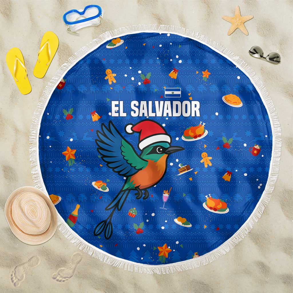 El Salvador Christmas Beach Blanket with Santa Hat Motmot Bird Traditional Foods and Blue Festive Pattern Design - Wonder Print Shop