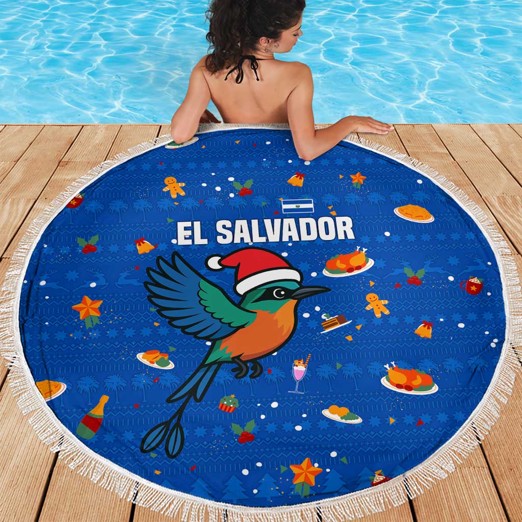 El Salvador Christmas Beach Blanket with Santa Hat Motmot Bird Traditional Foods and Blue Festive Pattern Design - Wonder Print Shop