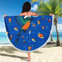 El Salvador Christmas Beach Blanket with Santa Hat Motmot Bird Traditional Foods and Blue Festive Pattern Design - Wonder Print Shop