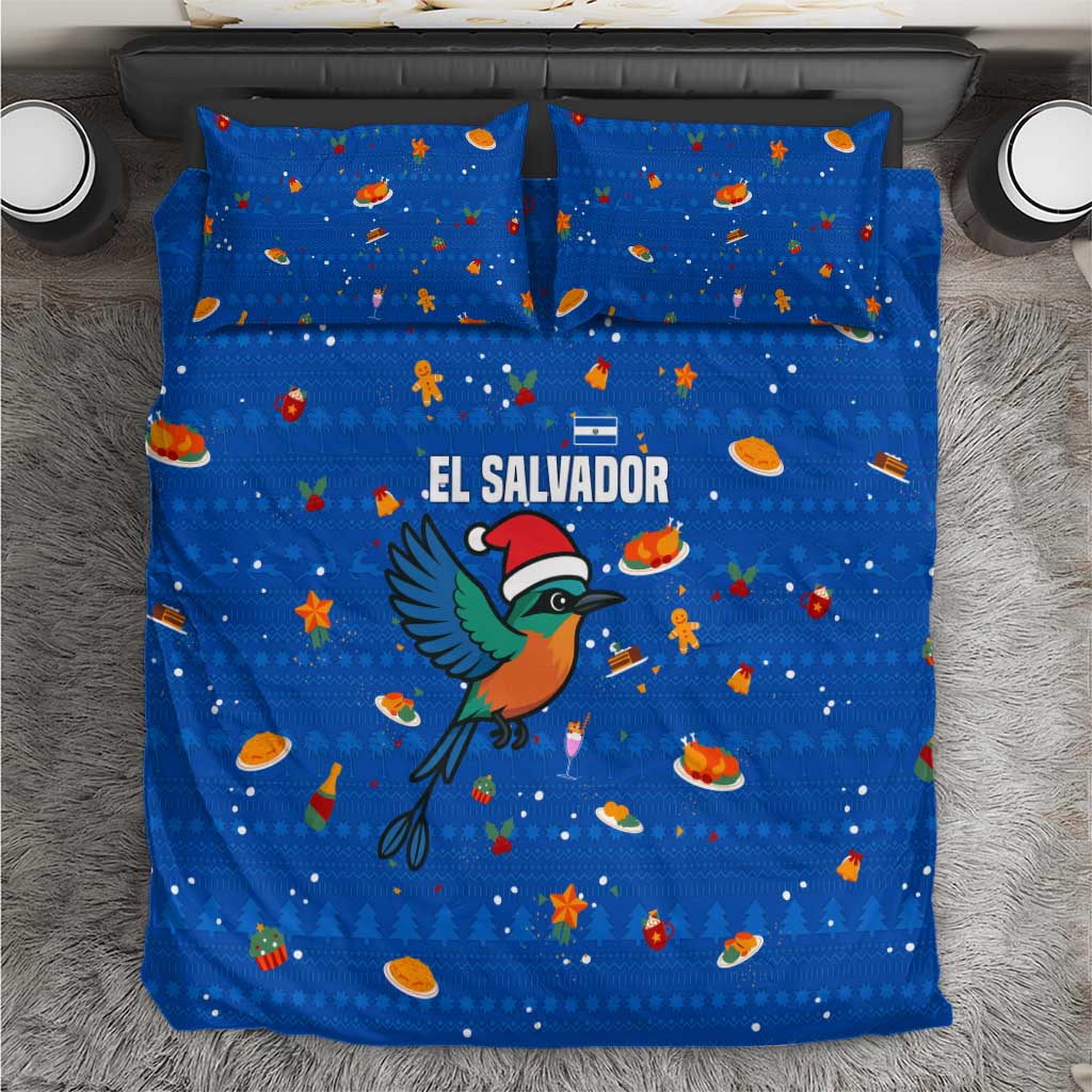 El Salvador Christmas Bedding Set with Santa Hat Motmot Bird Traditional Foods and Blue Festive Pattern Design - Wonder Print Shop