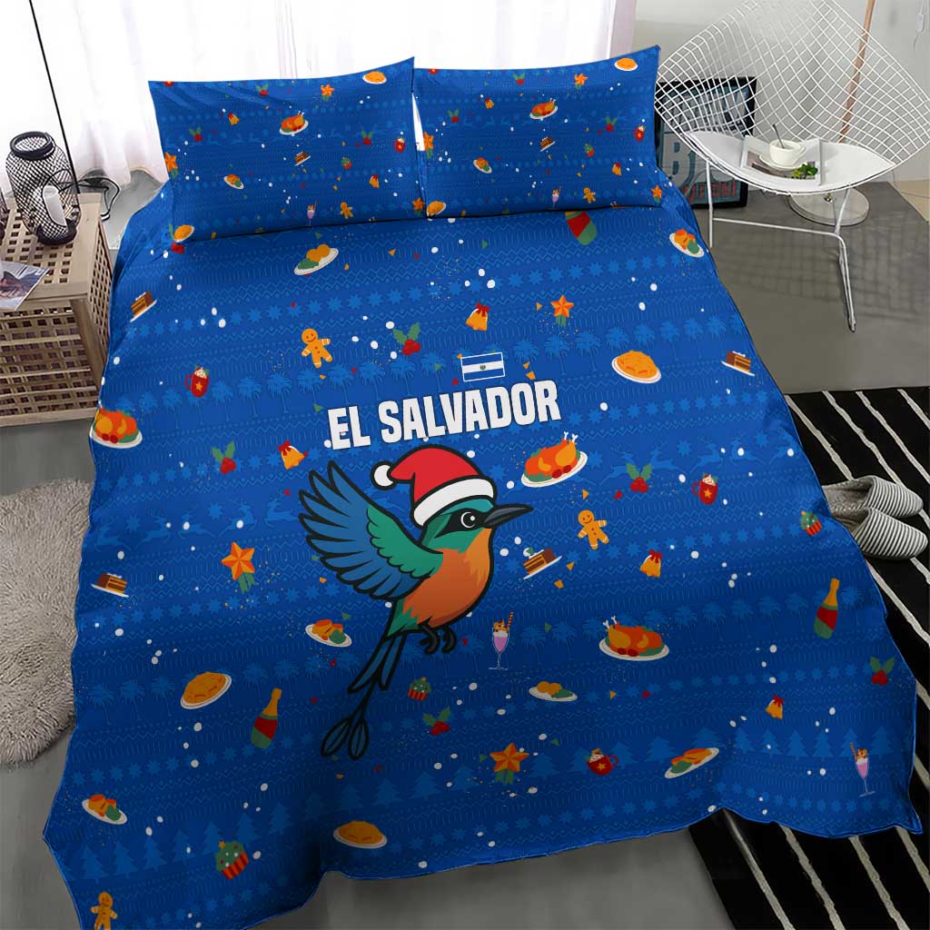 El Salvador Christmas Bedding Set with Santa Hat Motmot Bird Traditional Foods and Blue Festive Pattern Design - Wonder Print Shop