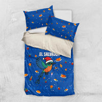 El Salvador Christmas Bedding Set with Santa Hat Motmot Bird Traditional Foods and Blue Festive Pattern Design - Wonder Print Shop
