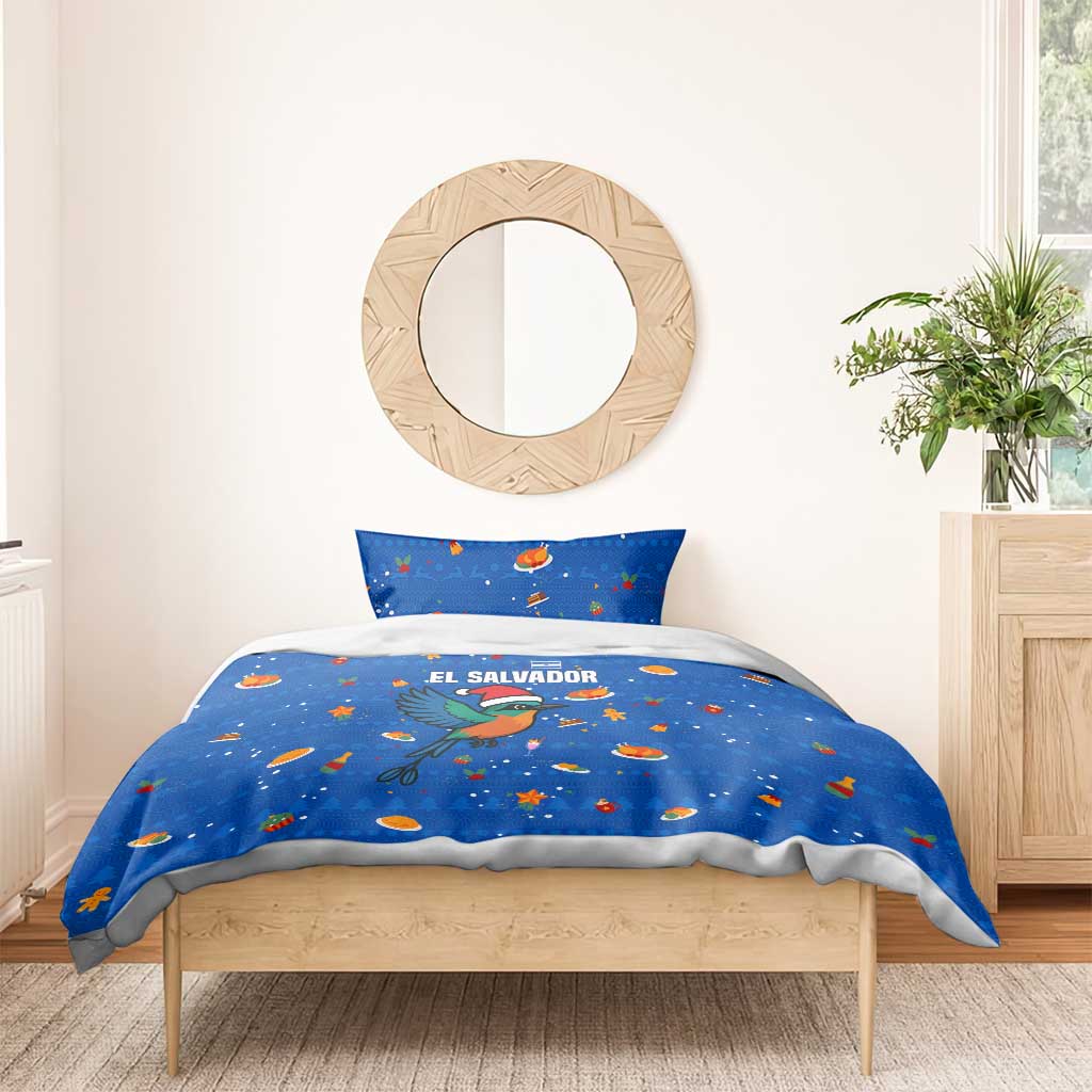 El Salvador Christmas Bedding Set with Santa Hat Motmot Bird Traditional Foods and Blue Festive Pattern Design - Wonder Print Shop