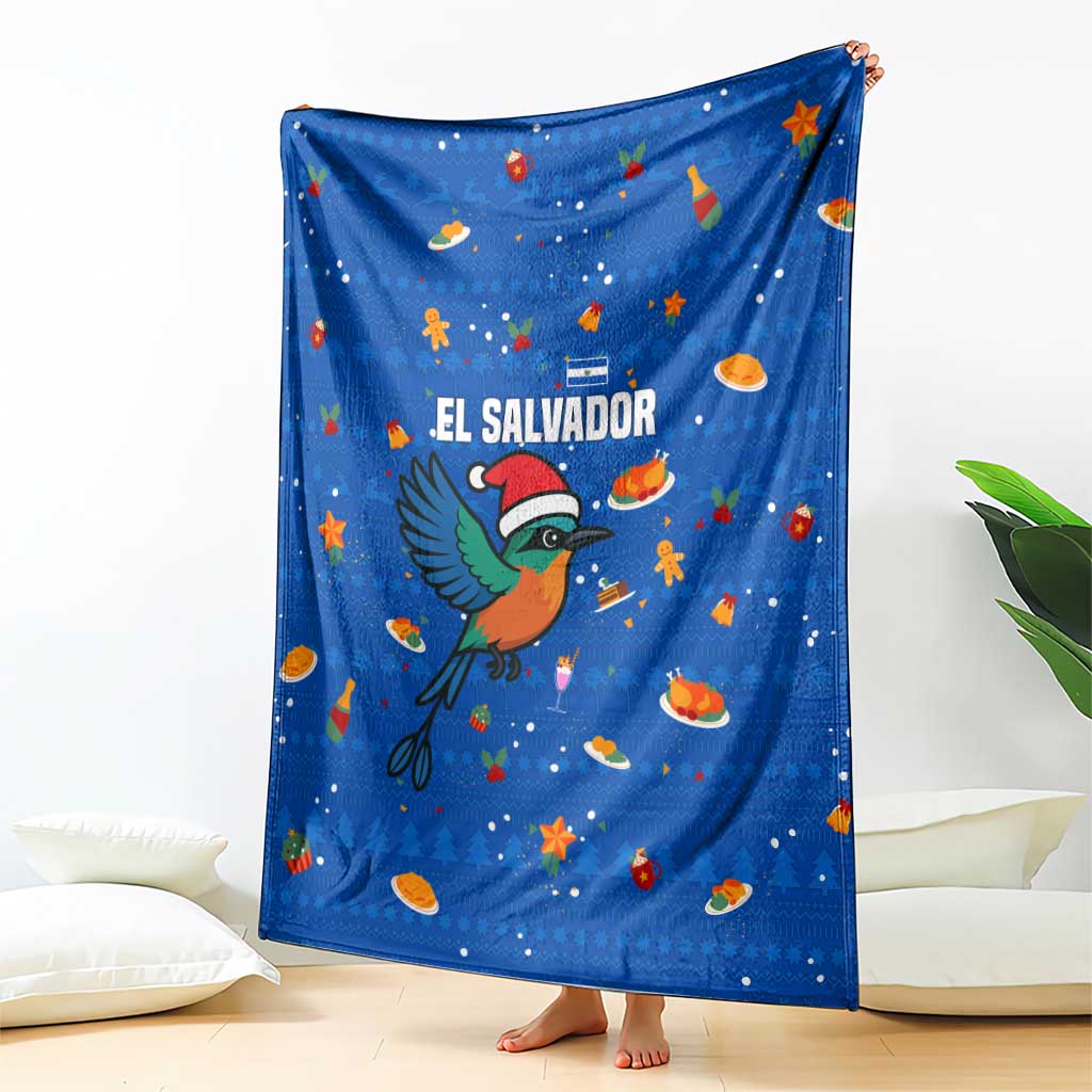 El Salvador Christmas Blanket with Santa Hat Motmot Bird Traditional Foods and Blue Festive Pattern Design - Wonder Print Shop