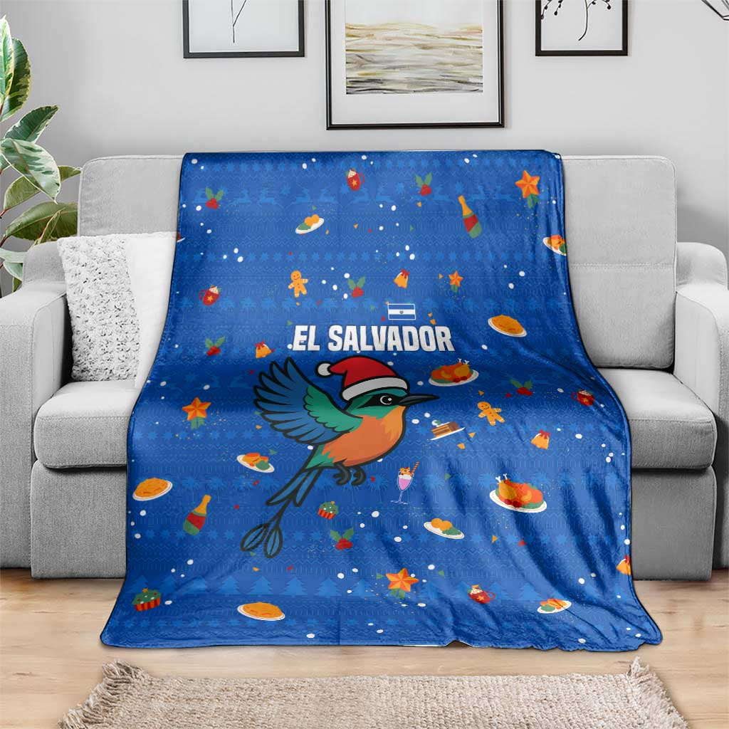 El Salvador Christmas Blanket with Santa Hat Motmot Bird Traditional Foods and Blue Festive Pattern Design - Wonder Print Shop