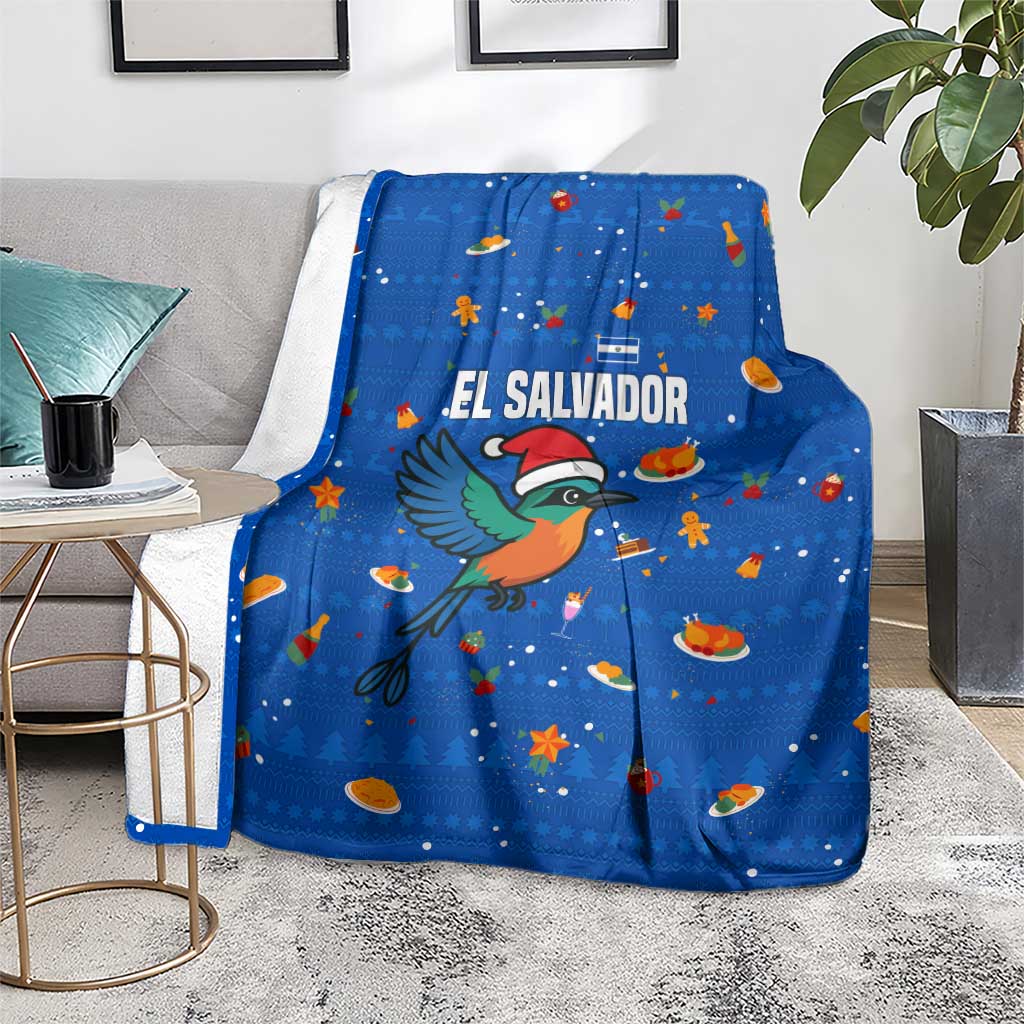 El Salvador Christmas Blanket with Santa Hat Motmot Bird Traditional Foods and Blue Festive Pattern Design - Wonder Print Shop
