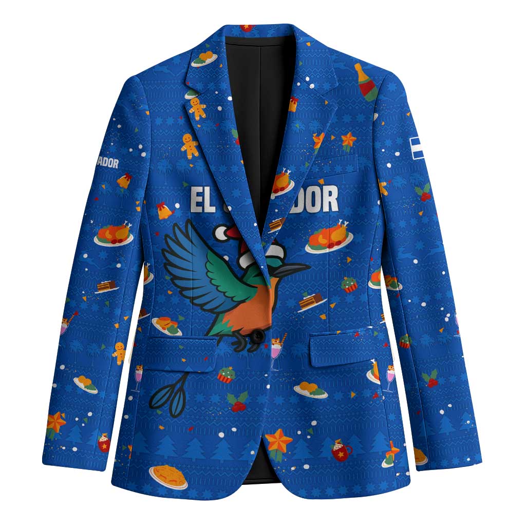 El Salvador Christmas Blazer with Santa Hat Motmot Bird Traditional Foods and Blue Festive Pattern Design - Wonder Print Shop