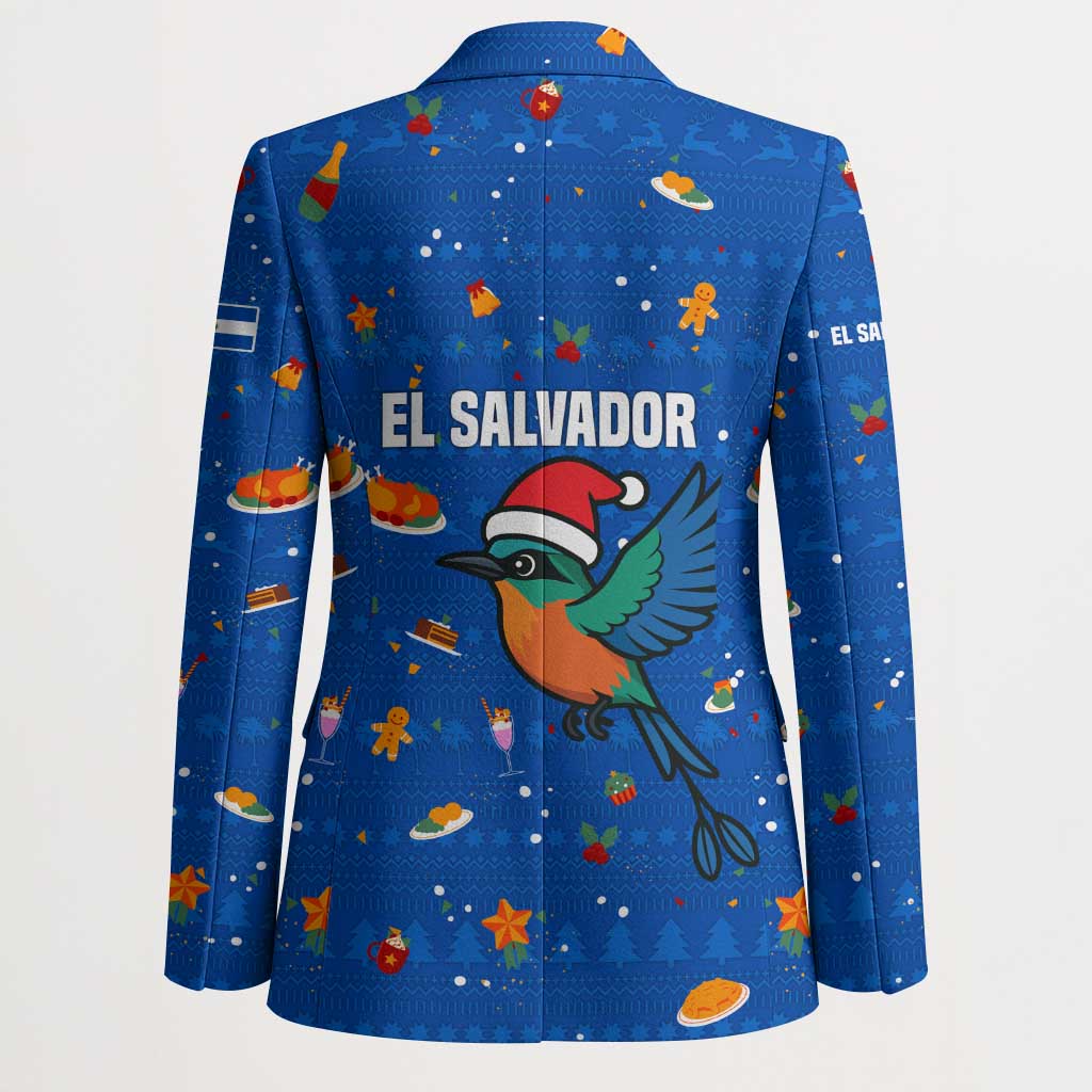 El Salvador Christmas Blazer with Santa Hat Motmot Bird Traditional Foods and Blue Festive Pattern Design - Wonder Print Shop