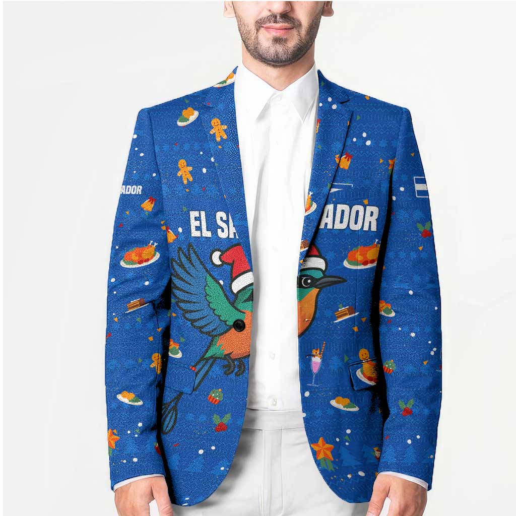 El Salvador Christmas Blazer with Santa Hat Motmot Bird Traditional Foods and Blue Festive Pattern Design - Wonder Print Shop