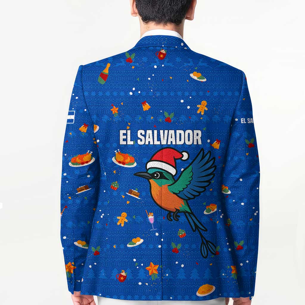 El Salvador Christmas Blazer with Santa Hat Motmot Bird Traditional Foods and Blue Festive Pattern Design - Wonder Print Shop