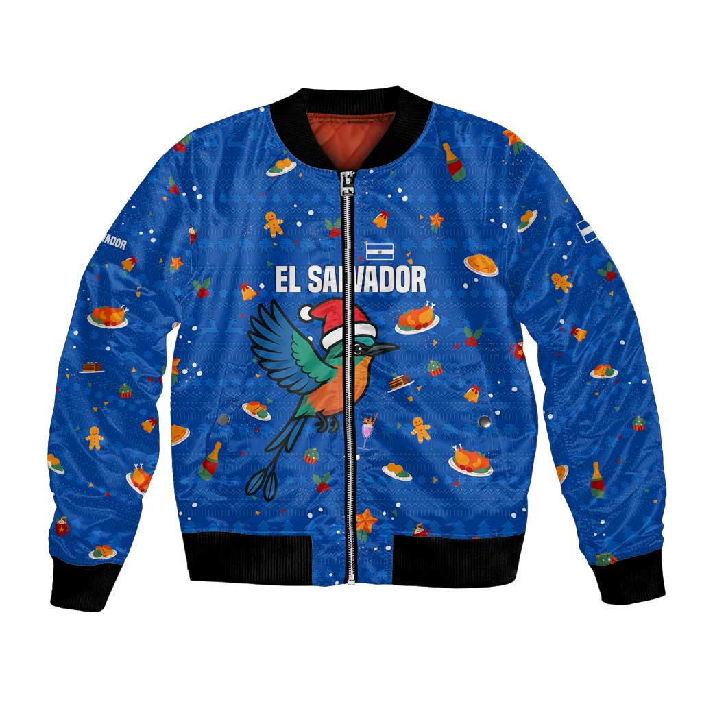El Salvador Christmas Bomber Jacket with Santa Hat Motmot Bird Traditional Foods and Blue Festive Pattern Design - Wonder Print Shop