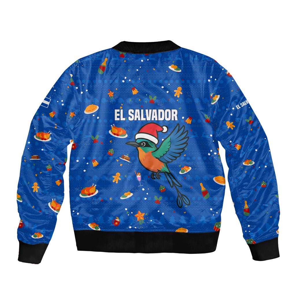 El Salvador Christmas Bomber Jacket with Santa Hat Motmot Bird Traditional Foods and Blue Festive Pattern Design - Wonder Print Shop