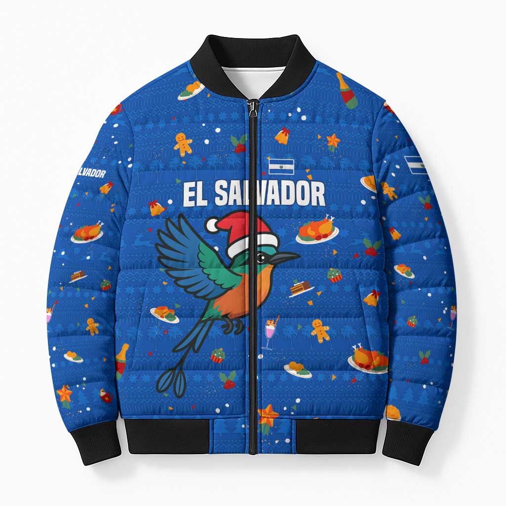 El Salvador Christmas Bomber Puffer Jacket with Santa Hat Motmot Bird Traditional Foods and Blue Festive Pattern Design - Wonder Print Shop