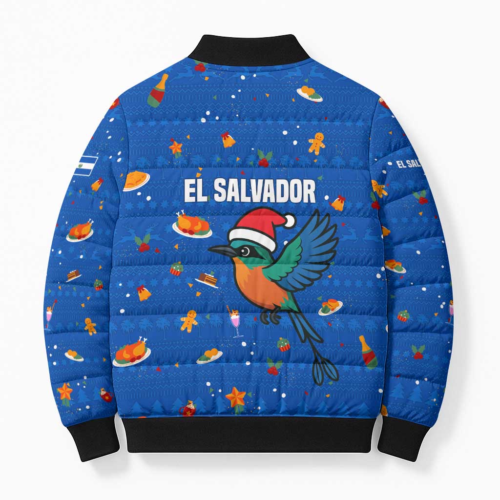El Salvador Christmas Bomber Puffer Jacket with Santa Hat Motmot Bird Traditional Foods and Blue Festive Pattern Design - Wonder Print Shop