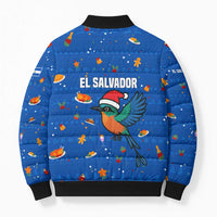 El Salvador Christmas Bomber Puffer Jacket with Santa Hat Motmot Bird Traditional Foods and Blue Festive Pattern Design - Wonder Print Shop