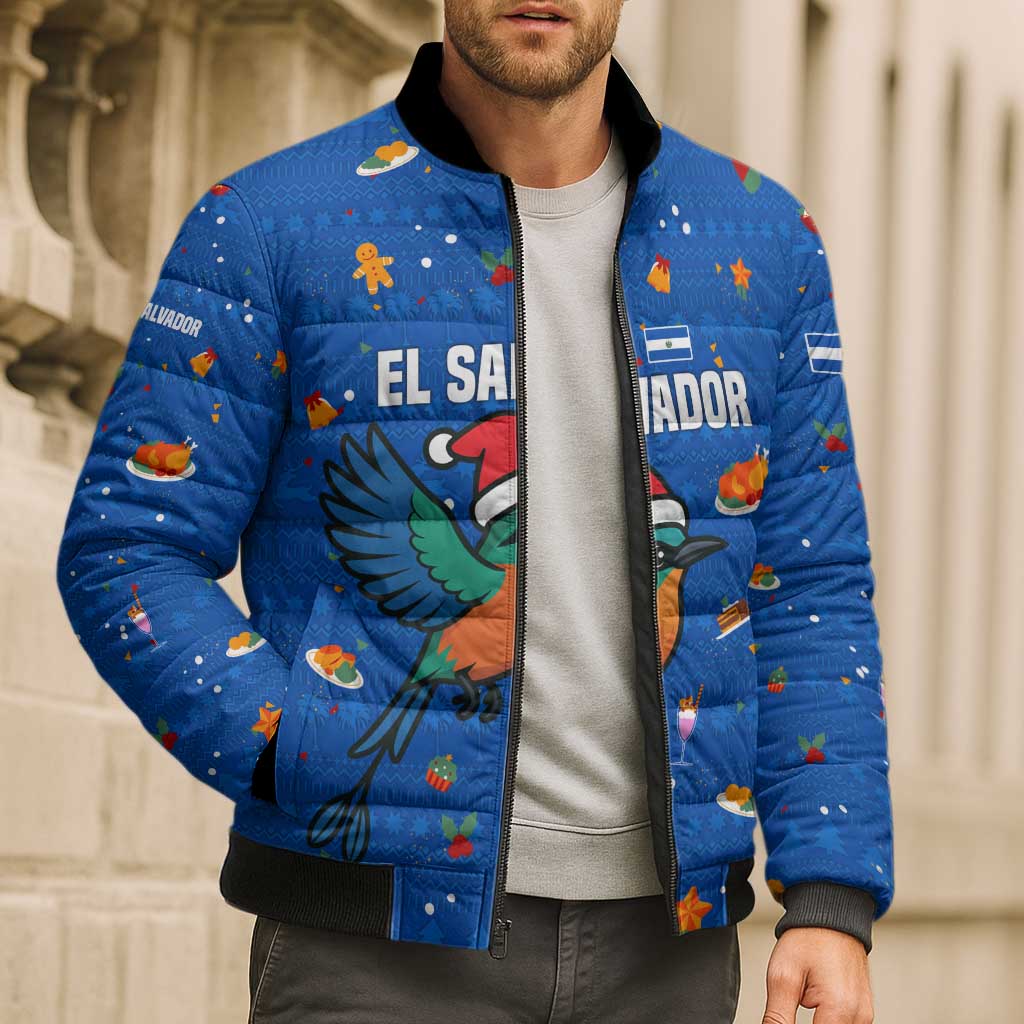 El Salvador Christmas Bomber Puffer Jacket with Santa Hat Motmot Bird Traditional Foods and Blue Festive Pattern Design - Wonder Print Shop