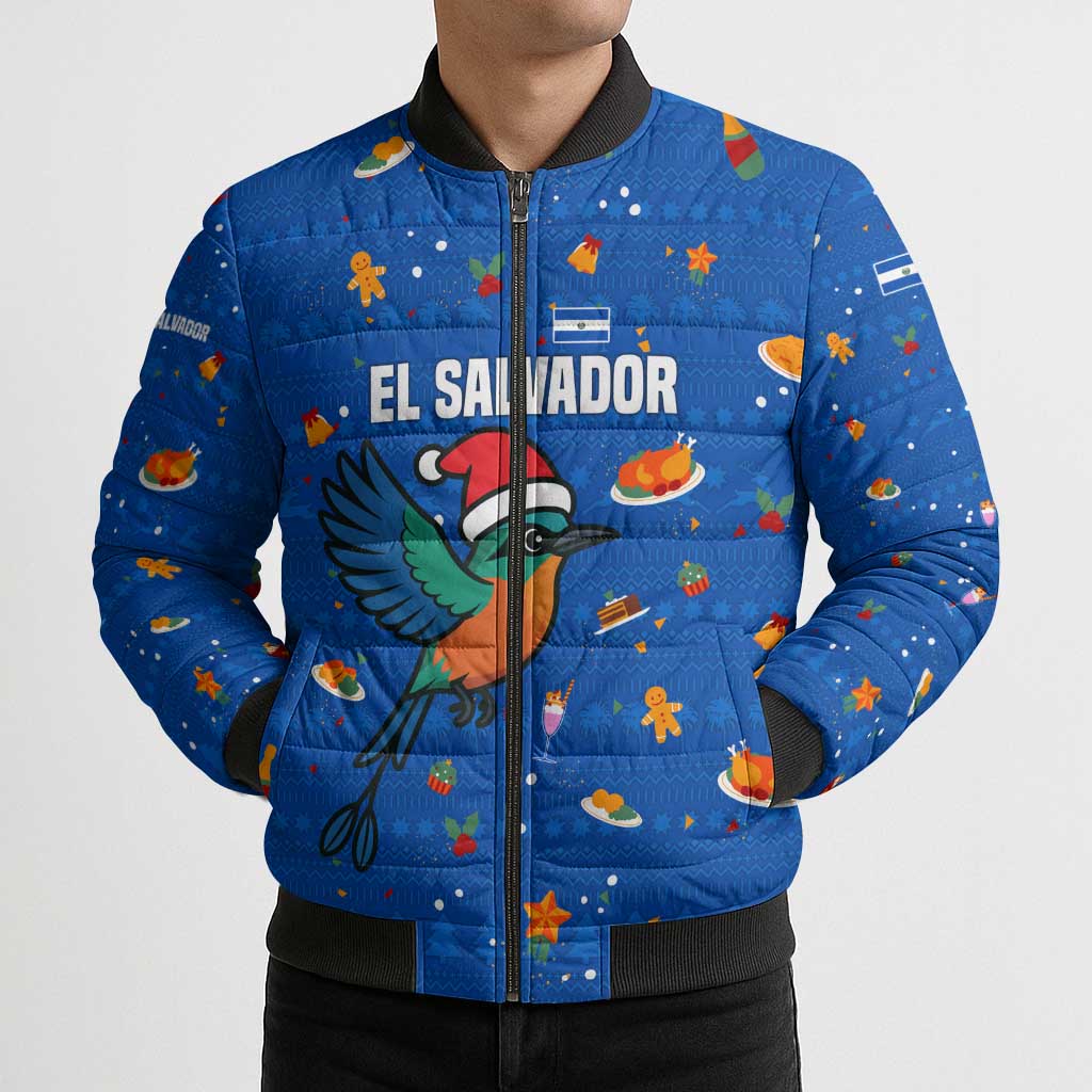 El Salvador Christmas Bomber Puffer Jacket with Santa Hat Motmot Bird Traditional Foods and Blue Festive Pattern Design - Wonder Print Shop