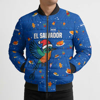 El Salvador Christmas Bomber Puffer Jacket with Santa Hat Motmot Bird Traditional Foods and Blue Festive Pattern Design - Wonder Print Shop