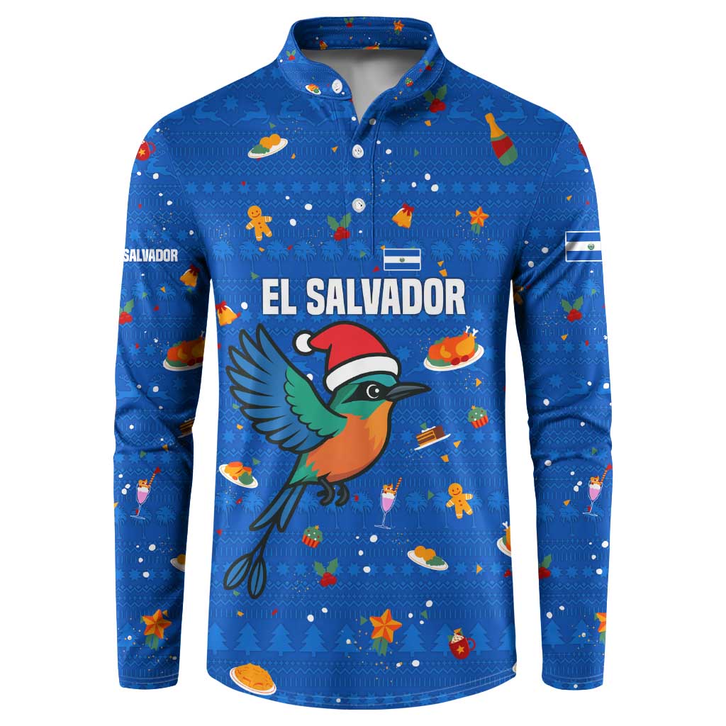 El Salvador Christmas Button Sweatshirt with Santa Hat Motmot Bird Traditional Foods and Blue Festive Pattern Design - Wonder Print Shop