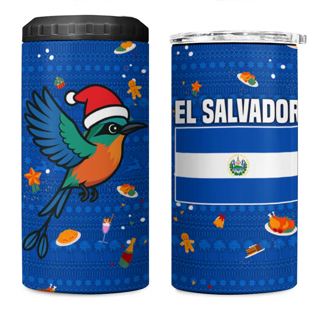 El Salvador Christmas 4 in 1 Can Cooler Tumbler with Santa Hat Motmot Bird Traditional Foods and Blue Festive Pattern Design - Wonder Print Shop