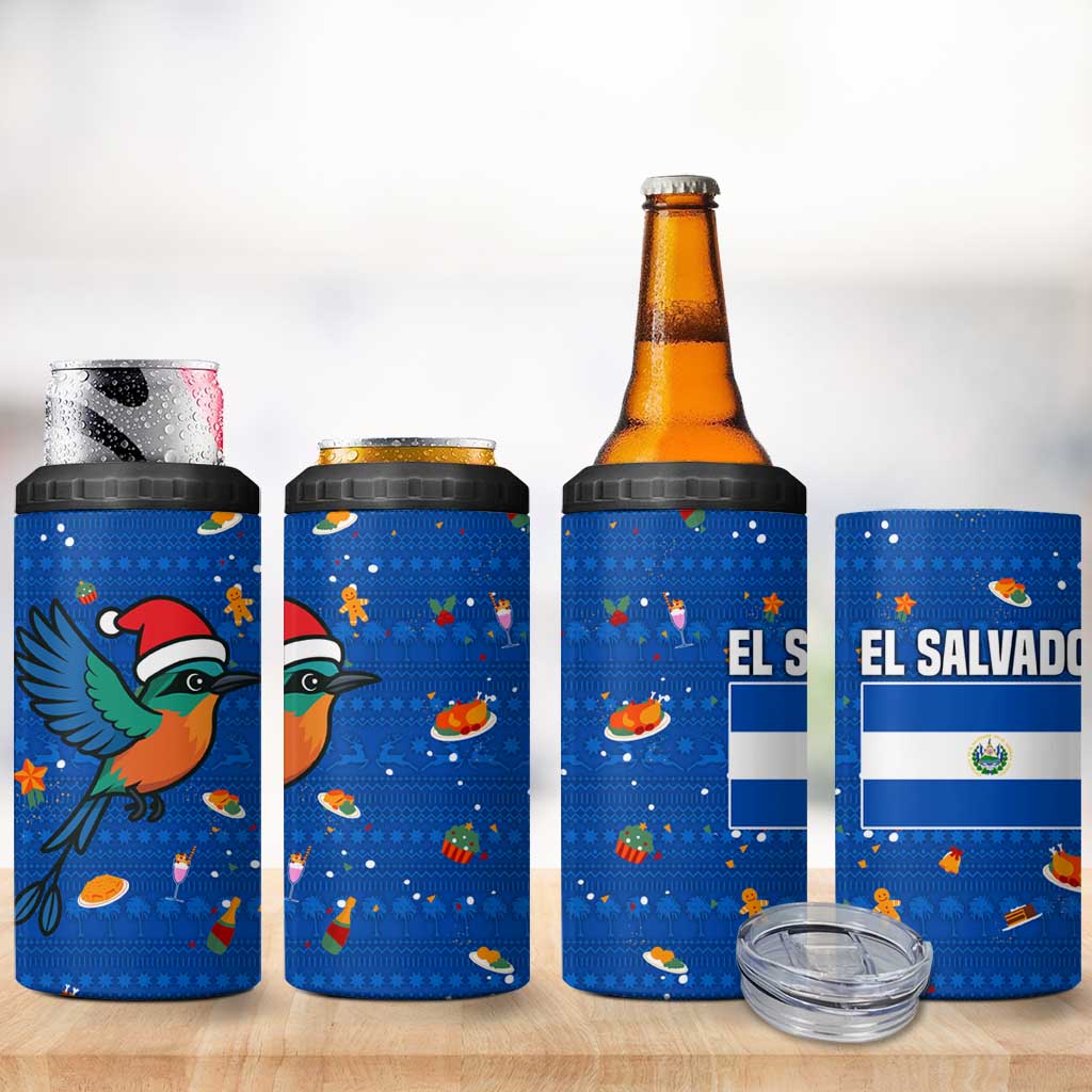 El Salvador Christmas 4 in 1 Can Cooler Tumbler with Santa Hat Motmot Bird Traditional Foods and Blue Festive Pattern Design - Wonder Print Shop