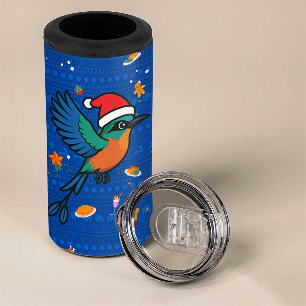 El Salvador Christmas 4 in 1 Can Cooler Tumbler with Santa Hat Motmot Bird Traditional Foods and Blue Festive Pattern Design - Wonder Print Shop