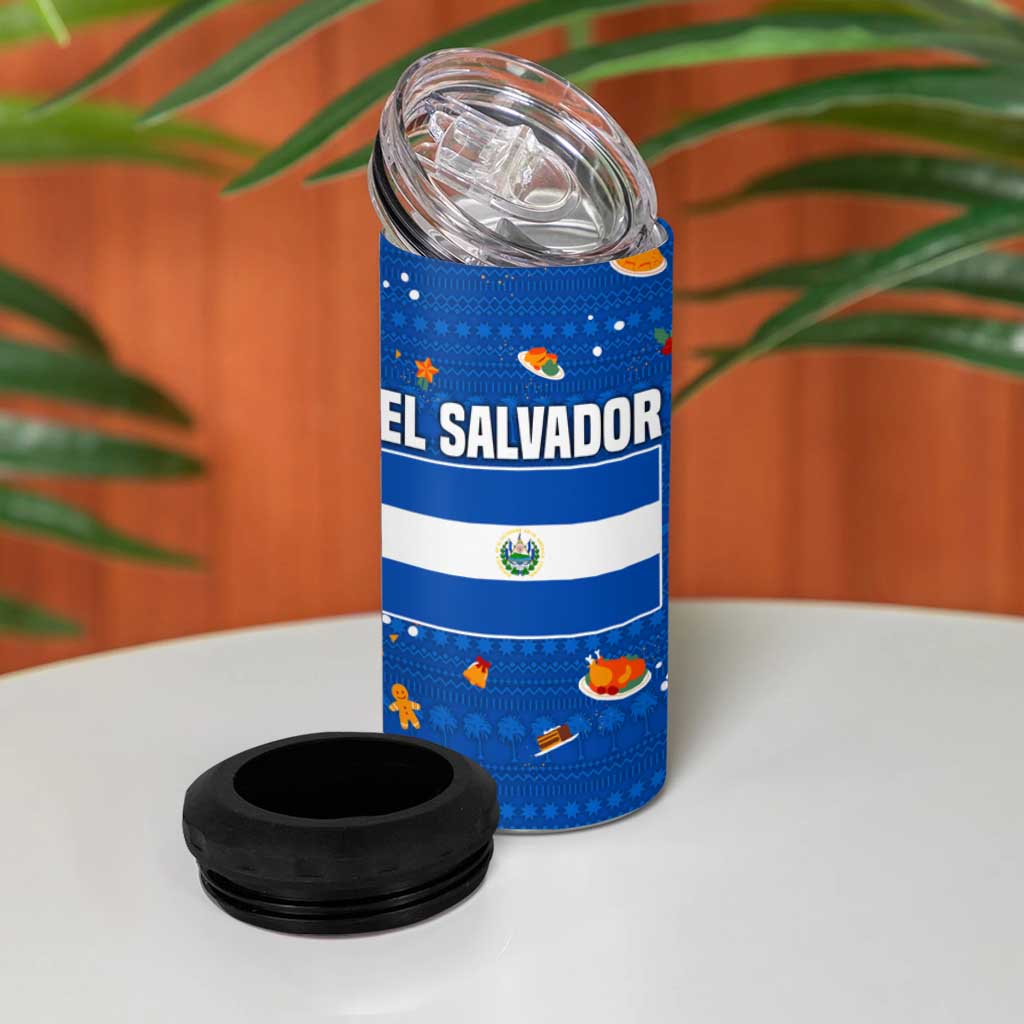 El Salvador Christmas 4 in 1 Can Cooler Tumbler with Santa Hat Motmot Bird Traditional Foods and Blue Festive Pattern Design - Wonder Print Shop