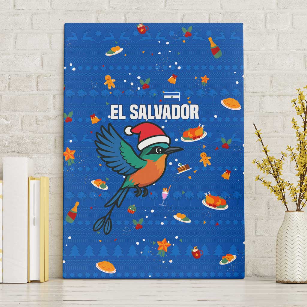 El Salvador Christmas Canvas Wall Art with Santa Hat Motmot Bird Traditional Foods and Blue Festive Pattern Design - Wonder Print Shop