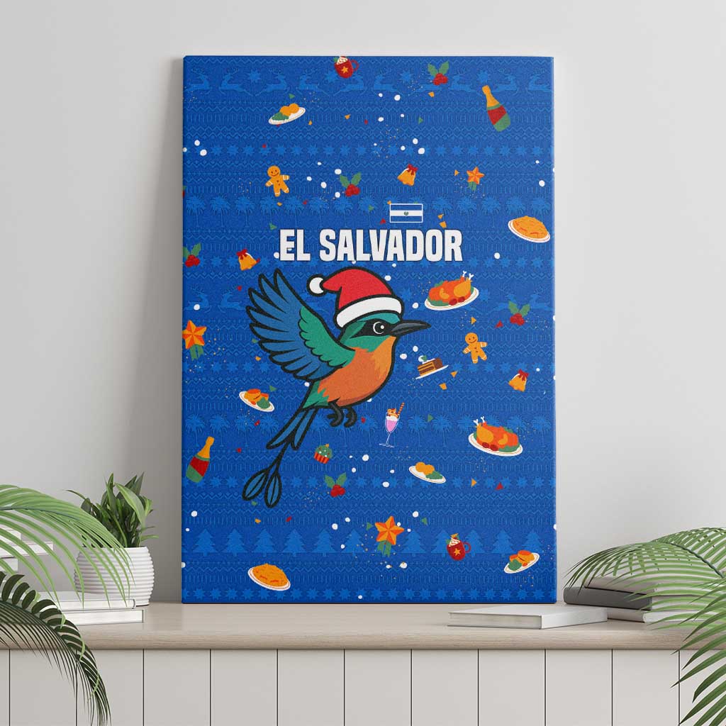 El Salvador Christmas Canvas Wall Art with Santa Hat Motmot Bird Traditional Foods and Blue Festive Pattern Design - Wonder Print Shop
