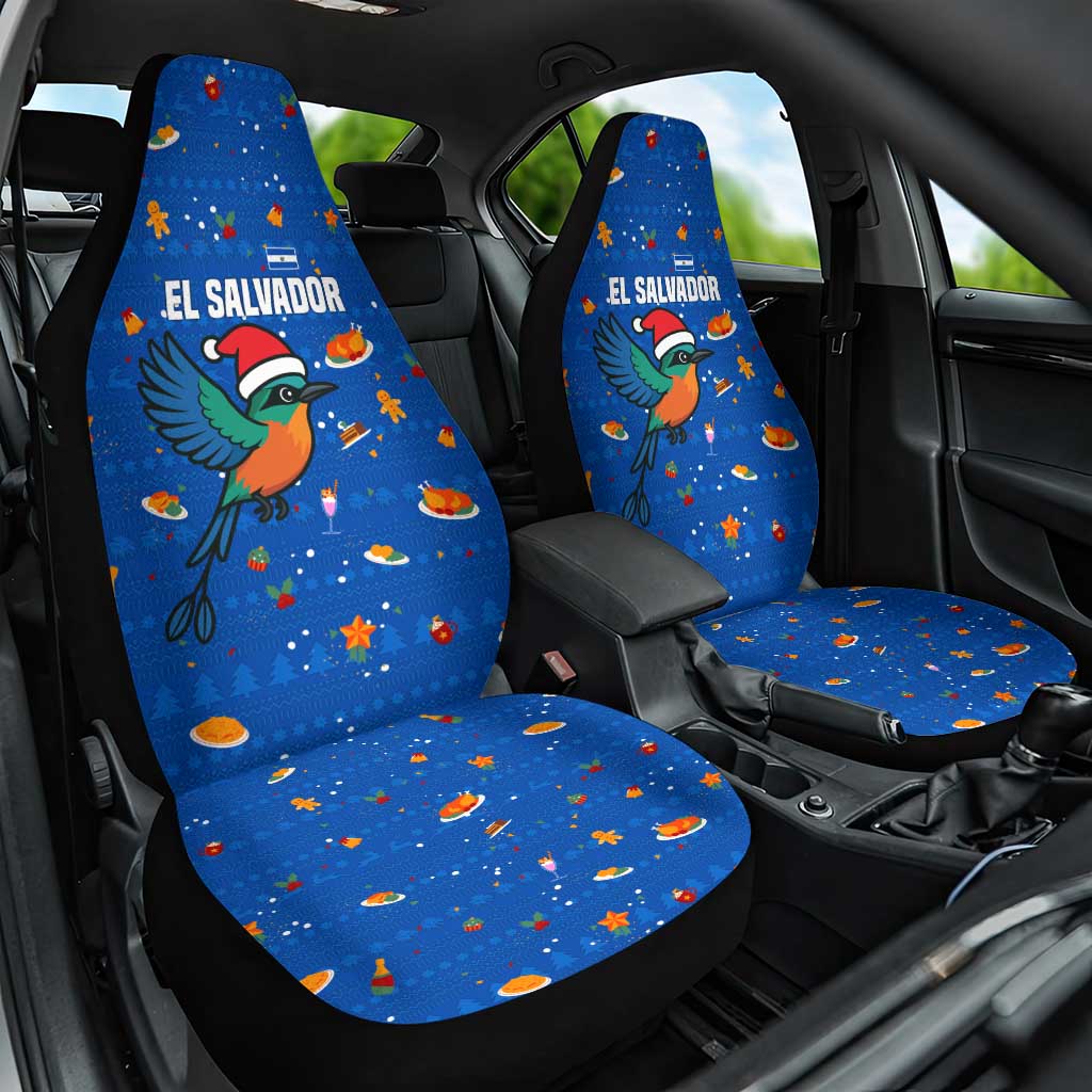 El Salvador Christmas Car Seat Cover with Santa Hat Motmot Bird Traditional Foods and Blue Festive Pattern Design - Wonder Print Shop