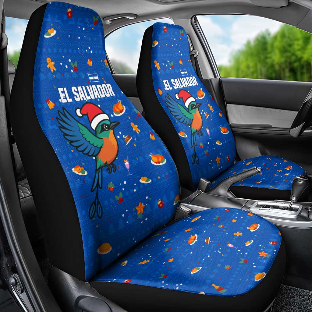 El Salvador Christmas Car Seat Cover with Santa Hat Motmot Bird Traditional Foods and Blue Festive Pattern Design - Wonder Print Shop