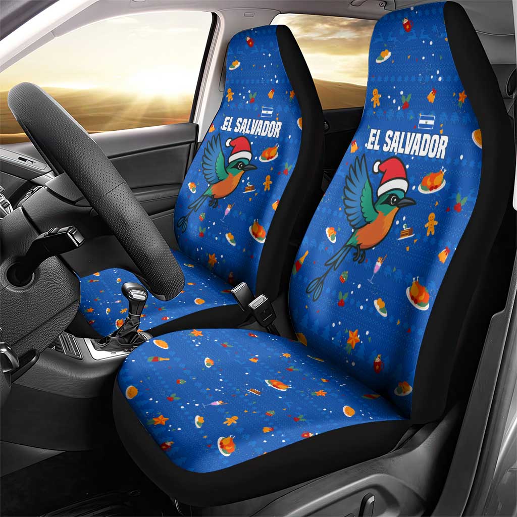 El Salvador Christmas Car Seat Cover with Santa Hat Motmot Bird Traditional Foods and Blue Festive Pattern Design - Wonder Print Shop