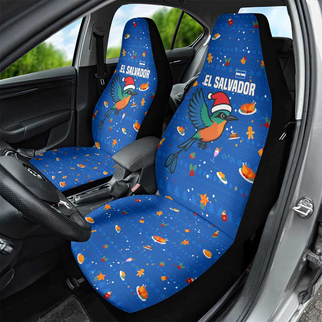 El Salvador Christmas Car Seat Cover with Santa Hat Motmot Bird Traditional Foods and Blue Festive Pattern Design - Wonder Print Shop