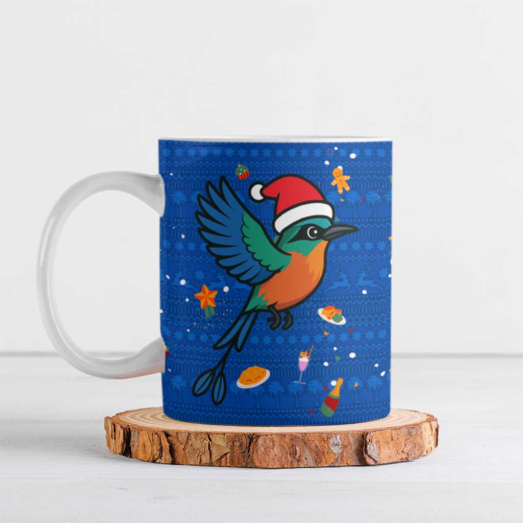 El Salvador Christmas Ceramic Mug with Santa Hat Motmot Bird Traditional Foods and Blue Festive Pattern Design - Wonder Print Shop