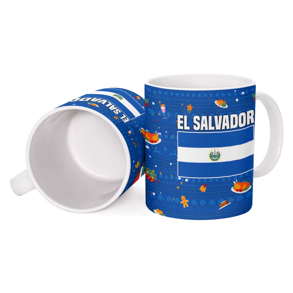 El Salvador Christmas Ceramic Mug with Santa Hat Motmot Bird Traditional Foods and Blue Festive Pattern Design - Wonder Print Shop