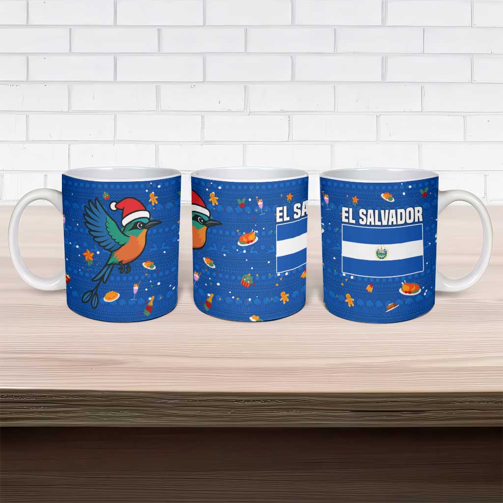 El Salvador Christmas Ceramic Mug with Santa Hat Motmot Bird Traditional Foods and Blue Festive Pattern Design - Wonder Print Shop