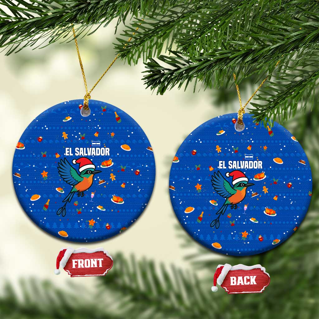El Salvador Christmas Ceramic Ornament with Santa Hat Motmot Bird Traditional Foods and Blue Festive Pattern Design - Wonder Print Shop