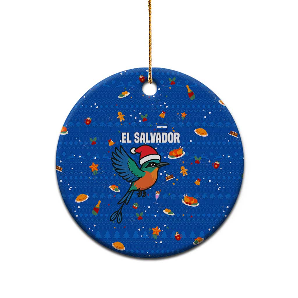El Salvador Christmas Ceramic Ornament with Santa Hat Motmot Bird Traditional Foods and Blue Festive Pattern Design - Wonder Print Shop