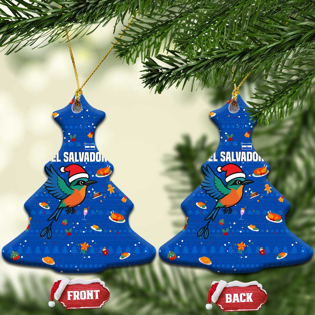El Salvador Christmas Ceramic Ornament with Santa Hat Motmot Bird Traditional Foods and Blue Festive Pattern Design - Wonder Print Shop