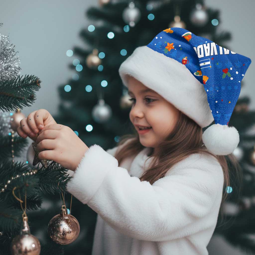 El Salvador Christmas Santa Hat with Santa Hat Motmot Bird Traditional Foods and Blue Festive Pattern Design - Wonder Print Shop